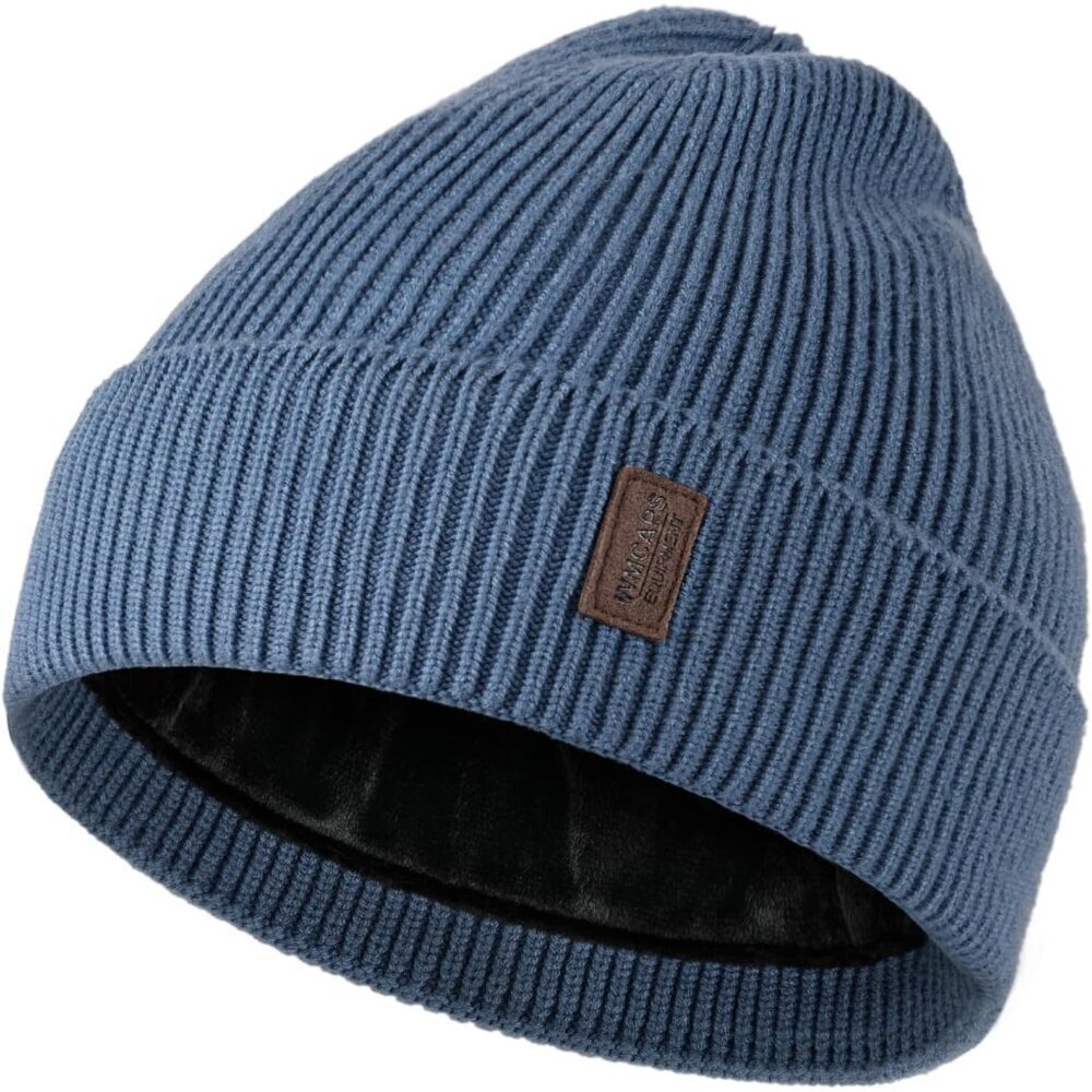 Men's Blue Fleece Lined Beanie Soft Winter Warm Ski Stocking Cap Knit Hat